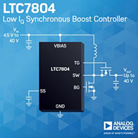 LTC7804, повышающий контроллер Analog Devices, 40 В, 3 МГц, с расширенным спектром Изображение аналогового повышающего регулятора LTC7804 40 В, 3 МГц с расширенным спектром