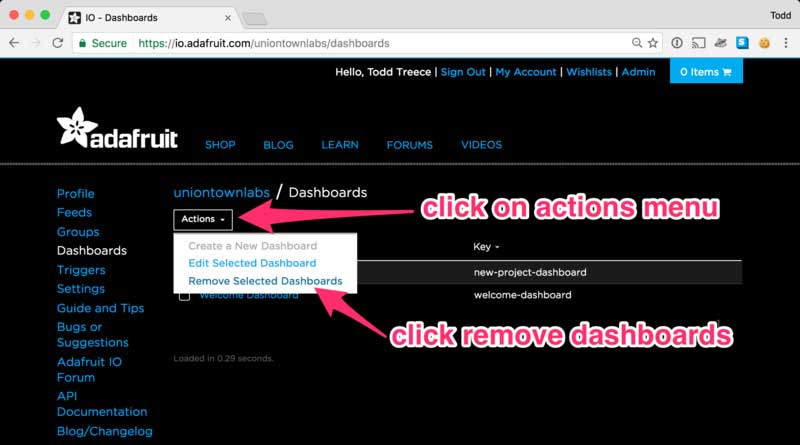 click on the Actions menu, select Remove Dashboards
